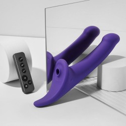 Télécommande sans fil du gode ceinture violet, boutons de réglage d'intensité