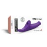 Gode vibrant violet posé à côté de sa télécommande, packaging discret