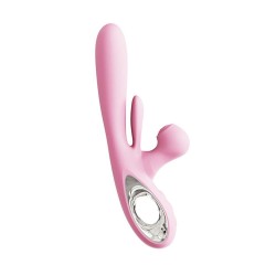 Vue de profil du vibromasseur rabbit rose avec deux moteurs