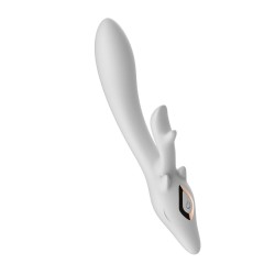 Vibromasseur rabbit silicone B - Series Joy blanc posé sur fond neutre, vue d'ensemble du double embout
