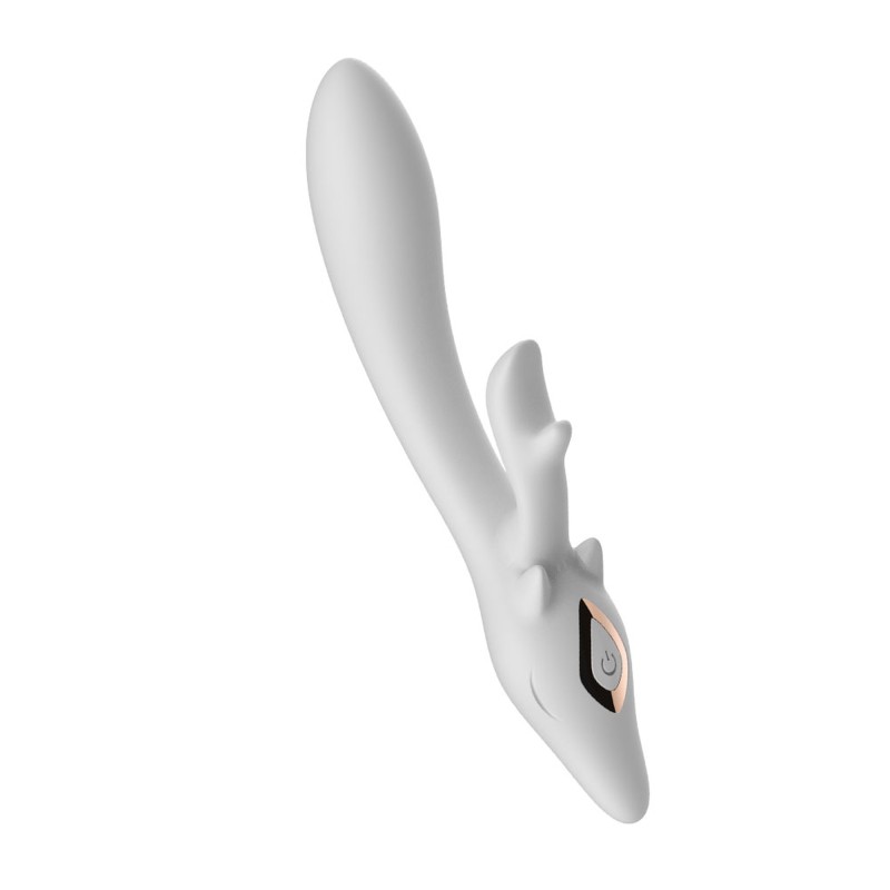 Vibromasseur rabbit silicone B - Series Joy blanc posé sur fond neutre, vue d'ensemble du double embout