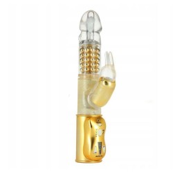 Vue d'ensemble du vibromasseur rabbit Dorcel Orgasmic Rabbit doré sur fond neutre