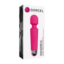Gros plan sur la tête souple et le corps du wand Dorcel magenta