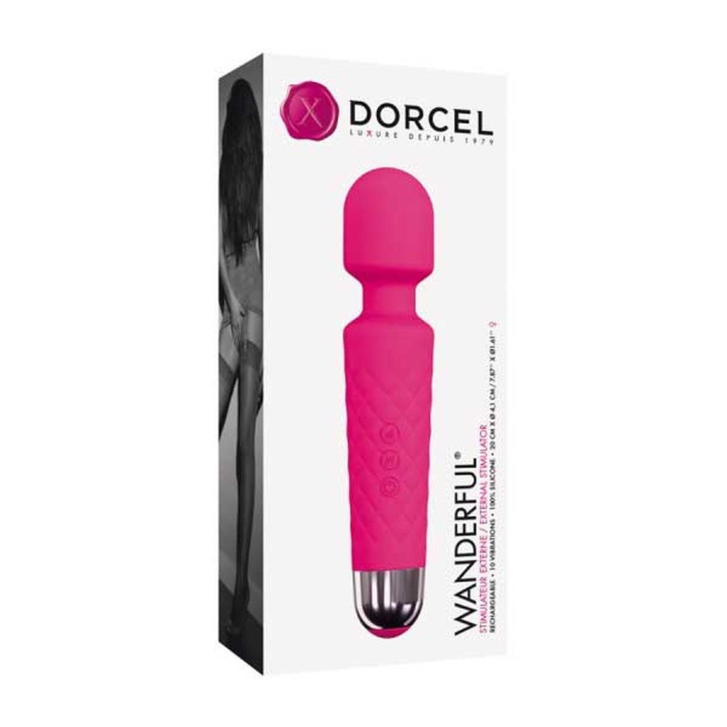Gros plan sur la tête souple et le corps du wand Dorcel magenta