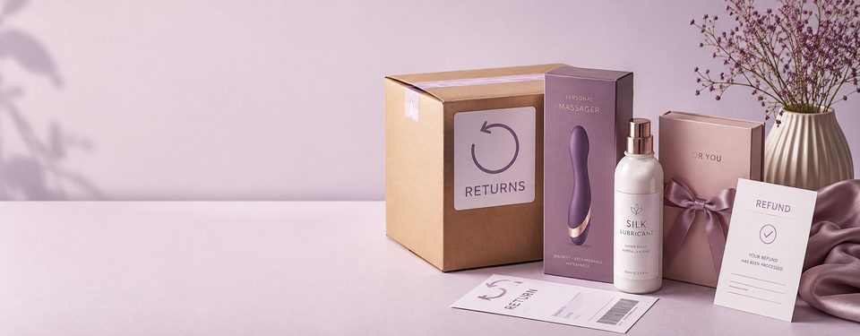 Colis de retour en carton avec son étiquette d'expédition, produits encore scellés dans leur emballage et avis de remboursement